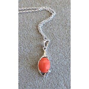 Vintage RED CORAL in 14K White GOLD PENDANT on 14K Gold 18" CHAIN Necklace